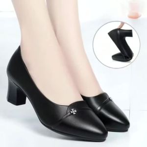 Giày Loafer Nữ Cao Gót Trung Bình Mũi Nhọn Chất Liệu Da PU Bóng Đế Chunky Thoải Mái Dễ Mang Dùng Cho Văn Phòng