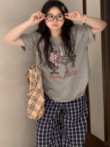 100% Pure Cotton Kitty School Style Short Sleeve T-Shirt Womens Loose American Design Gray Top Moisture Wicking Summer Fashion