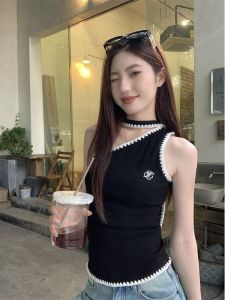 Áo Ba Lỗ Hở Vai Không Đều Gợi Cảm Mùa Hè Mới Cho Nữ Áo Ba Lỗ Bó Sát Ngắn Độc Đáo Màu Tương Phản Hở Xương Đòn Đẹp