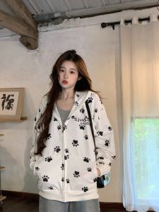 เสื้อแจ็คเก็ตมีฮู้ดลายเล็บสุนัขสำหรับผู้หญิง ฤดูใบไม้ร่วง 2024 เสื้อคาร์ดิแกนซิปแบบลำลอง เสื้อคลุมกันหนาวแบบสวมหัว ทรงหลวม แขนยาว ปกติ