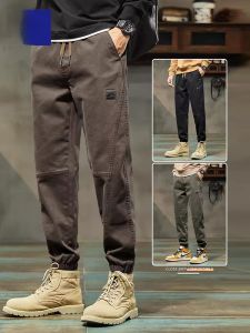 ROMON | กางเกงลำลองผู้ชายทรงหลวมเอวยางยืดทรงฮาราจูกุ ทรงสปอร์ต ทรงขาบาน กางเกงยีนส์ทรงยาว ทรงลำลอง ฤดูใบไม้ผลิและฤดูใบไม้ร่วง