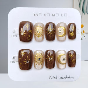 10Pcs Autumn and Winter Brown Series 3D Rhinestone Gilded Cats Eye Nail Art Stickers Press On Nails Temperament Fake Nail