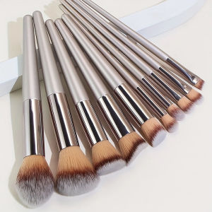 10pcs Champagne Flame Makeup Brush Set Professional Foundation Blending Face Brush