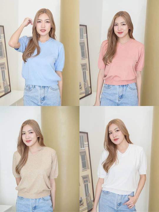 ARITA 💜 M326 เสื้อยืดไหมพรมคอวี งานสวย ผ้านุ่ม | Lazada.co.th