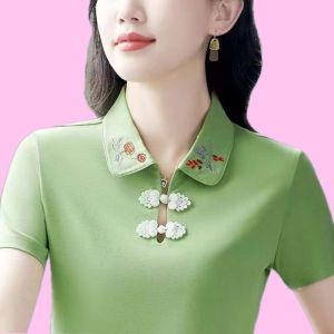 Fashion New Version Chinese Style Basic Women Polo Shirt Casual Embroidery Lapel Short Sleeve Lady T-shirts Plus Size shirt