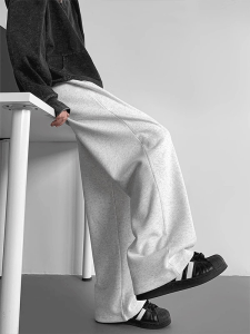 Large Size Grey White Floral Fleece Lined Loose Casual Straight Leg Pants Mens Autumn Winter Wide Leg Trousers