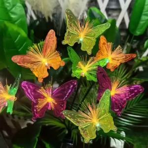 1PC 6head Solar Colored Fiber Optic Butterfly Ground Plug-in String Light with Rainbow Gradient Lighting Used for Garden Lawn