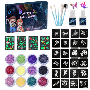 ชุดแปรงสักกระดาษแว็กซ์กลิตเตอร์สีสันสดใสศิลปะบนร่างกายชั่วคราวรอยสักชั่วคราว DIY พร้อมการออกแบบที่มีชีวิตชีวาอุปกรณ์สักชั่วคราว