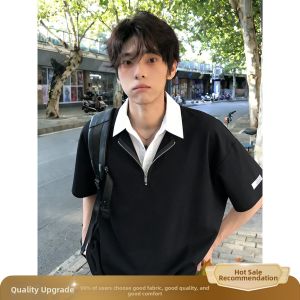 ZHUOCAN | College Style Pseudo Two-piece Polo T-shirt