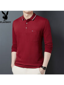 Loose Long Sleeve Cotton T-Shirt for Middle-Aged Men Spring Autumn Business Casual Style with Pocket Wine Red Color Pure Cotton