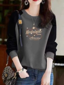 Big Sale Leak-Picking Womens Clothing Loose Temperament Pure Cotton Patchwork Sweater Womens Fashion Slimming Youthful-Looking Long Sleeve Bottoming Top Fashion