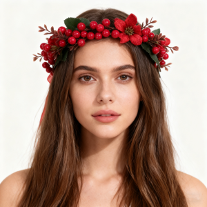 Fashionable and Simple Shabby Chic Large Red Flower Hairband Red Fruit and Green Leaf Ribbon Wreath. Childrens and Adults Chr