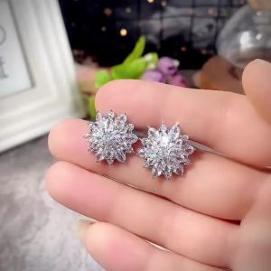 Huitan Aesthetic Crystal Flower Stud Earrings Women for Engagement Wedding Party Female Ear Fashion Jewelry with Brilliant CZ