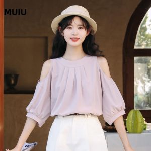 Áo sơ mi voan MUTU làm bằng vải voan hở vai phong cách pháp nhỏ thanh lịch