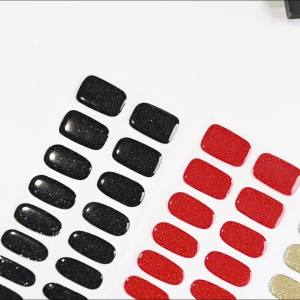 16Tips Black Glitter Semi-Cured Gel Nail Stickers+1pc Nail File Full Cover Adhesive Nail Polish Wrap UV/LED Nail Extension Patch