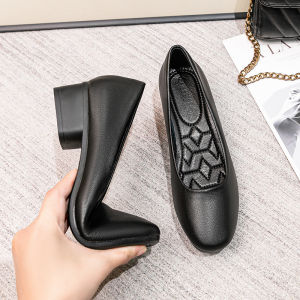 ใส่สบาย นุ่ม ส้นหนาด้านล่าง สีดำ หนัง รองเท้าสําหรับผู้หญิง Air Stewardess Work Interview รองเท้าส้นสูง ทันสมัย เดินทาง