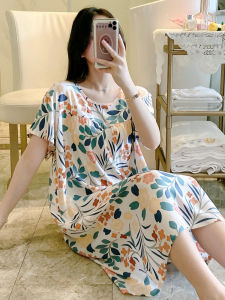 KASIHAN | Feminine Fresh Cotton-like Short Sleeve Mid-length Plus Size Floral Nightgown