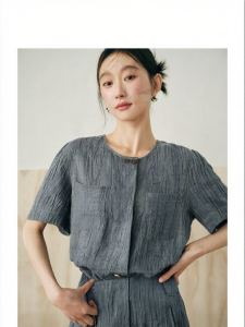 SUSHE | Retro Vintage Crinkled Denim-Like Straight Jacket and Skirt Set