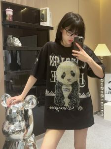 Áo Thun Tay Ngắn Dáng Rộng Phong Cách Thường Ngày Mùa Hè 2024 Cho Nữ Họa Tiết Gấu Trúc Cỡ Lớn Thời Trang Cotton 95%