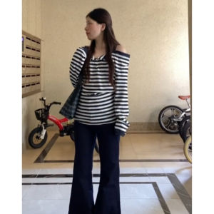 YUEZHONGWEI | Spring Style Striped Illusion Off-Shoulder Fitted T-Shirt