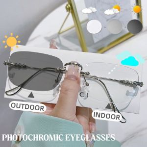 Metal Photochromic Eyeglasses Rectangular Frame Color Changing Frameless Eyewear Outdoor Anti-Blue Light Eye Protection Glasses