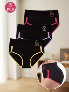 3pcs Womens High-Waist Tummy Control Briefs - Comfortable Stylish Contrast Color Design with "LOVE" Print Black Base with