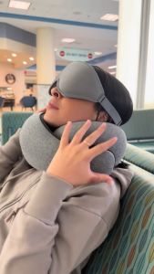 Upgraded Surround Travel Pillow 100% Pure Neck Pillow Memory Foam Comfortable & Breathable Cover Airplane Travel Kit with 3D Contoured Eye Masks Earplugs and Luxury Bag
