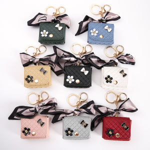 Fashion Korean Flower Bow Scarf Keychain Leather Earphone Storage Bag Mini Bag Charms for Women Cute Elegant Pendant Coin Purse