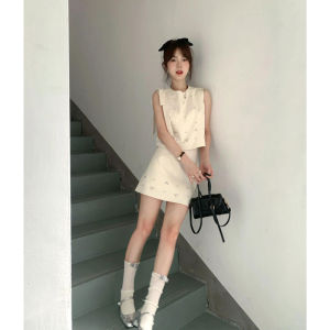 French Elegant Sleeveless Wrap Top Womens High Waist Slim A-Line Mini Skirt Two-Piece Set Fashionable Casual Outfit