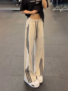 Gray Ice Silk Quick Dry Three Bars Mens Summer Youth Straight Leg American Sport Pants Casual Loose Fit Straight Tube Trousers