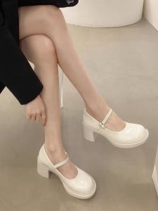 plus Size Womens Wide Foot Accommodated Mary Jane Shoes White Thick Heel Spring Autumn Korean Style round Toe Rubber Outsole