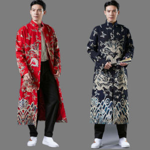 Spring Autumn New Style Mens Tang Suit Dragon Pattern Long Coat Casual Chinese Retro Buttoned Long Shirt Ethnic Wind Outerwear