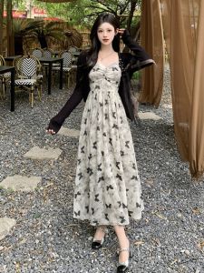 French Style Retro Gentle Style Dress Womens Summer Tie-Dyed Butterfly Stylish Print Sling Ruched Long Skirt