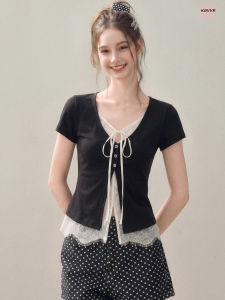 KBVVR | Black V-Neck Illusory Double-Layered Lace Short Sleeve Fitted Style T-Shirt