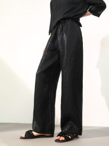 Miccbeirn | Pure Hanflax Casual Wide Leg Pants High Waist Slimming Simple Commute Straight Cut Elastic Waist Womens Trousers