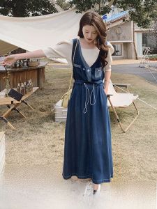 ชุดเดรสแขนกุดผ้าเดนิมสไตล์เกาหลีเอวสูง กระโปรงทรงเอ ผ้าโพลีเอสเตอร์ ฤดูร้อน 2023 เสื้อผ้าทำงานสำหรับผู้หญิง