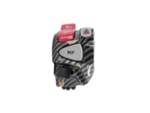 Carbon fiber motorcycle control switch with red and white buttons for high beam horn and hazard lights. Features premium quality and stable performance. Includes wiring harness with connectors.