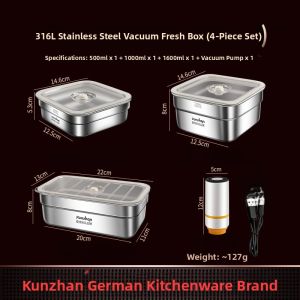Food Grade Refrigerator Special 316 Stainless Steel Vacuum Sealed Storage Box Large Capacity Fruit Organizer Box Freshness Container