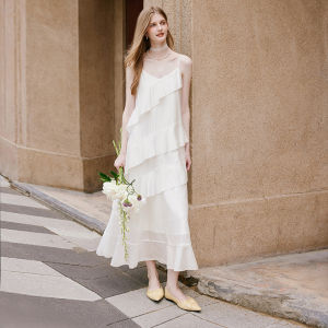 XIANGYING | Strapless Tencel Dress V-Neck French Style Cream Cake Design