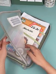 Student Transparent Mesh L-shaped Large Opening Book Storage Bag Subject Classification Sorting Bag Stationery Organizer Storage Bag Handheld Zipper File Bag