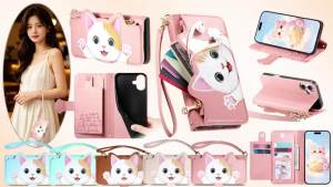 szhaiyu | Cartoon Cat Wrist Strap Phone Case for IPhone Air 17e 16e 15 14 Plus 13 12 11 Pro Max Zipper Leather Wallet Card Slots Cover