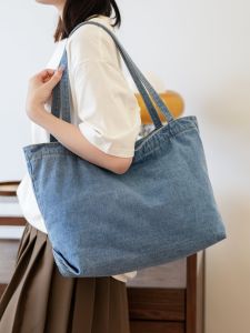 กระเป๋าสะพายไหล่ผ้าเดนิมแบบลำลองขนาดใหญ่ กระเป๋าถือ Tote สำหรับผู้หญิง กระเป๋าเดินทางแบบยูนิเซ็กซ์ รุ่น Zippers กระเป๋าถือแบบยืดหยุ่น