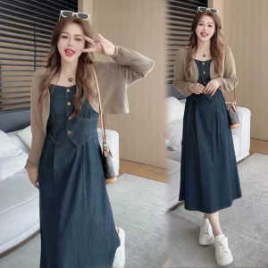 พรางหุ่น เดนิม เดรส ชุด ผู้หญิง เสื้อถักแขนยาวสูง เอว สายคล้อง เดรส ชุดสองชิ้น ฤดูใบไม้ร่วง แฟชั่น สไตล์เกาหลี กระโปรงทรงเอ