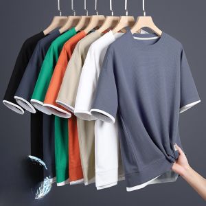 Loose Casual Breathable round Neck Short Sleeve Fake Two-Piece T-Shirt for Men Summer Versatile Basic Fit Youth Fashion Top