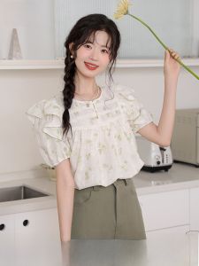 MUTU | Muteb French Style Fresh Floral Short Sleeve Womens Shirt Summer New Design Unique Lace Trim Top Vintage Loose Fit Round Neck