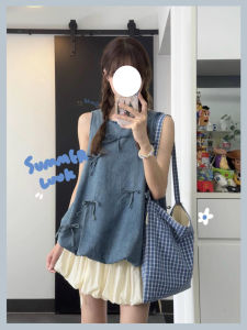 French Sweet Suit Korean Style Three-Dimensional Bows Sleeveless Denim Vest Top and Skirt Womens Summer Two-piece Set