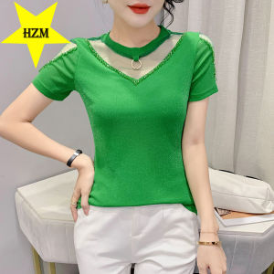 HZM European station slim slim short sleeve T-shirt womens tide 2023 summer new stitching stitching mesh gauze foreign style top