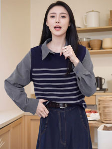 Shalldoer | Turn-Down Collar Fake Two-Piece Striped Long-Sleeve Womens Shirt Fashion Loose Rejuvenating Versatile