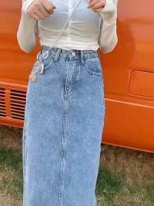 Rok Jeans Wanita Korean Style & Rok Jumbo Terbelah Highwaist Biru Retro Premium Denim Skirt