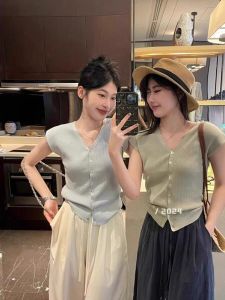 French Elegant V-Neck Knitted Open Cardigan Womens Summer Blue Slim Ice Silk Thin Short Sleeve T-Shirt Top Breathable Comfortable